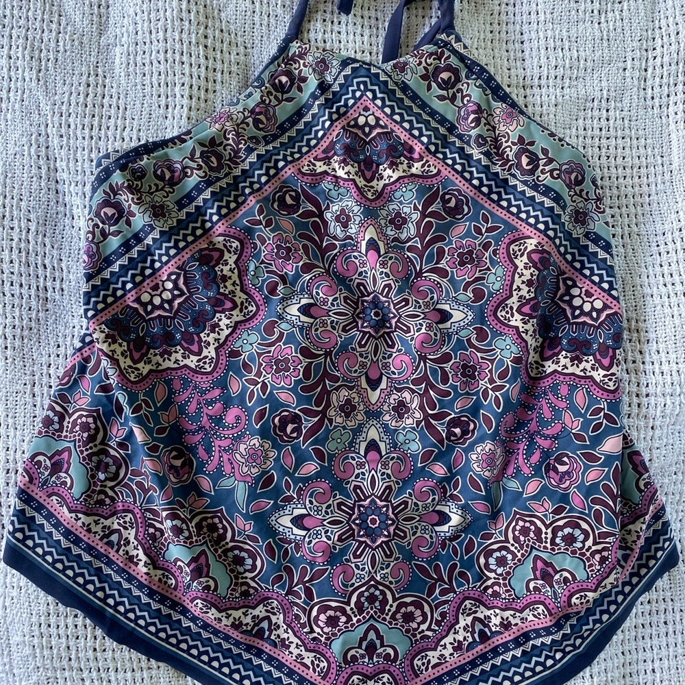 Kona Sol Navy Blue Pink Floral-Print Women’s Swim Top